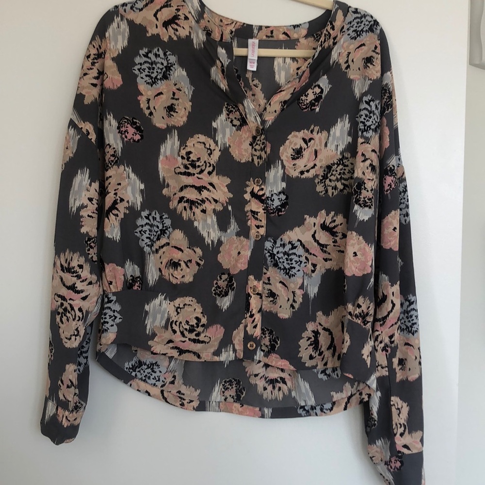 Charcoal blouse with pink, black, white flowers